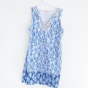 Lilly Pulitzer Blue & White Harper Shell Flat French Terry Cotton Shift Dress L